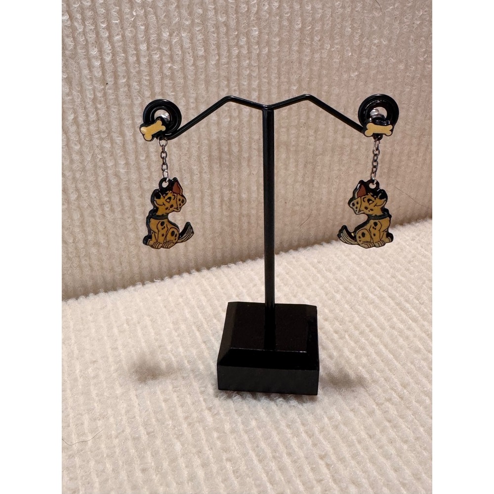 Dalmatian Puppy Dog Bone Dangle Earrings Silver Tone Enamel Style Yellow Black